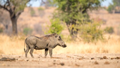 Fototapeta premium African Warthog in Savanna Landscape.