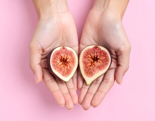Two halves of figs held in hands on pink background