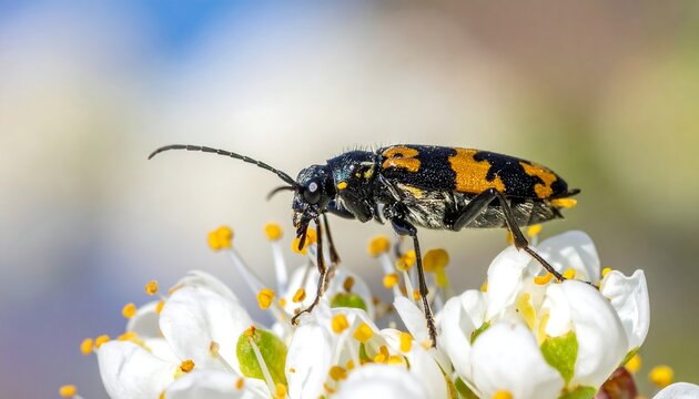 Close-up of a colorful longhorn beetle on a flower