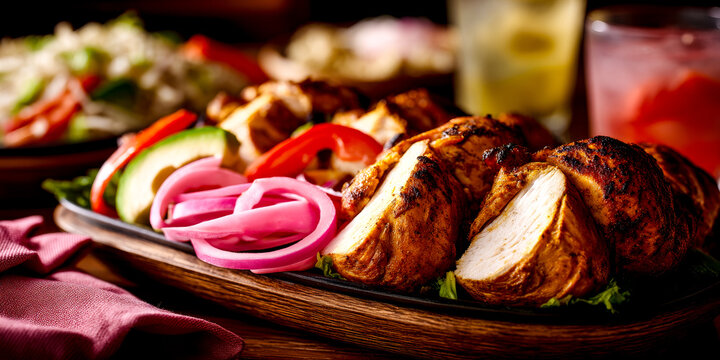 Sliced grilled chicken breast on a platter with pickled red onions, avocado, and fresh tomatoes for a healthy meal. - Powered by Adobe