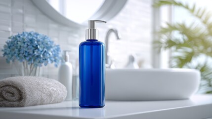 Fototapeta premium Clean blue product bottle template on white bathroom vanity
