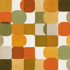Retro 1970s geometric pattern with rounded squares in earthy orange, green, and yellow tones on a textured background.