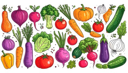 Vibrant collection of colorful hand-drawn vegetables