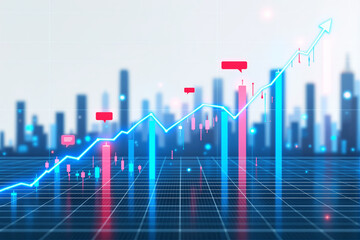 Financial growth concept with candlestick chart and rising graph line over futuristic business cityscape background design in blue and pink tones. Ai generative