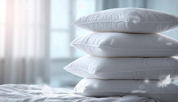 Stack of white pillows with feathers gently flying around in a bright, cozy bedroom.