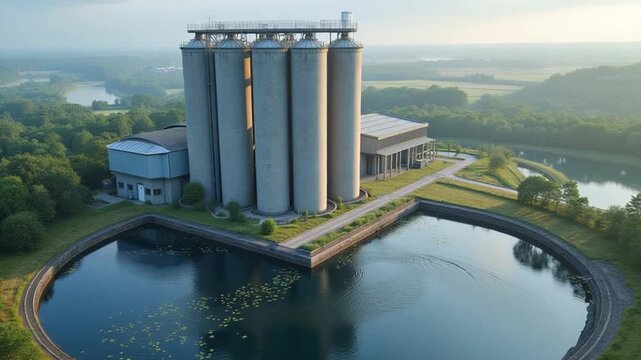 Drone shot of modern sewage water treatment and filtration plant with silos in England