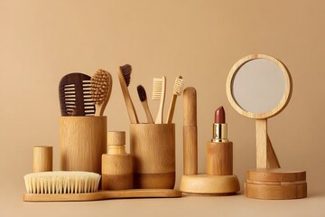 Assortment of natural bamboo grooming and makeup items