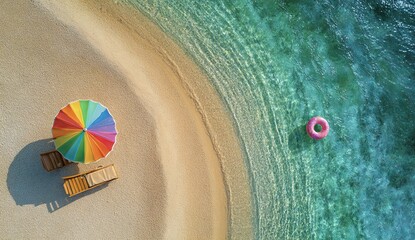 Aerial view of a tropical beach with colorful umbrella and inflatable ring