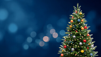 Christmas tree on blue bokeh background with copy space for text