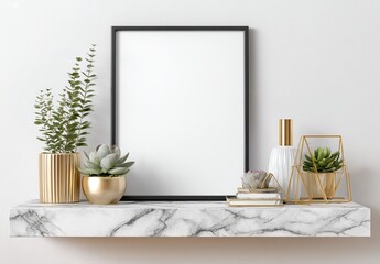 Blank Frame on Marble Shelf with Plants image black