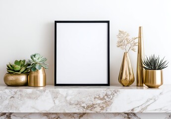 Black frame with blank white space on marble shelf with succulents