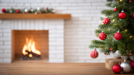 Christmas tree with red baubles on wooden table in front of fireplace. Cozy festive interior and holiday decoration.
