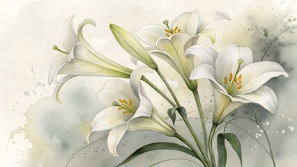 Fototapeta premium Watercolor painting of a bouquet of white lilies with green stems and leaves