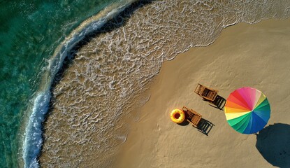 Overhead view of a beach with waves, umbrella, and inflatable ring