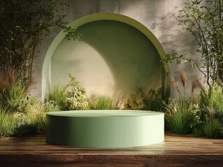 Sage green cylindrical display podium in an arched alcove with natural greenery