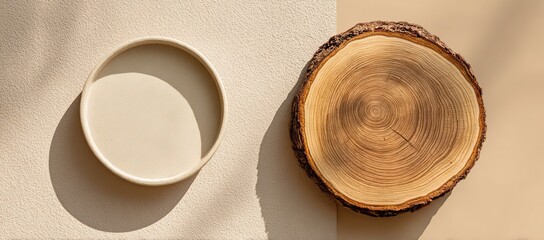 Wood Slice and Ceramic Plate on Textured Surface tree