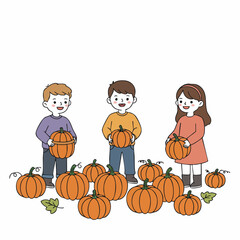 Cartoon Illustration of Children Holding Pumpkins in a Pumpkin Patch Field