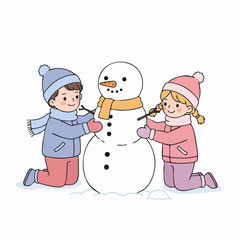 Cute Cartoon Style Children Building a Snowman Winter Activity Illustration