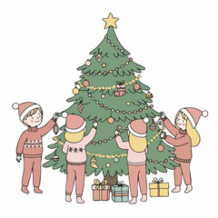 Whimsical Handdrawn Family Decorating Christmas Tree Festive Season Illustration