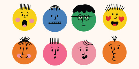 Abstract Comic Faces with Emotions in Crayon Style, Colorful Cartoon Characters & Flat Design – Hand-Drawn Emoji Vector Illustrations