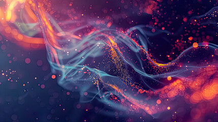 Futuristic digital art with glowing particle waves in orange and blue colors. Generated with AI