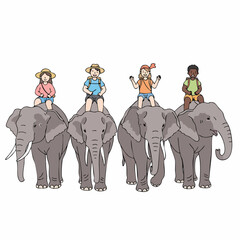 Handdrawn Flat Style Children Riding Elephants Group Travel Adventure Illustration