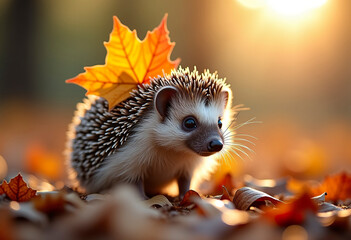 A curious hedgehog with an autumn leaf on its back, standing among fallen leaves. Macro shot, sharp details, golden hour lighting
