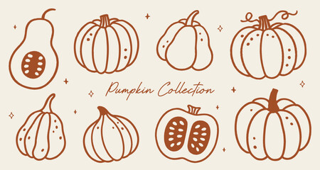 Hand-drawn pumpkin collection illustration with different shapes and styles. Minimal line art design in warm autumn tones, perfect for Halloween, Thanksgiving, fall decorations, greeting cards
