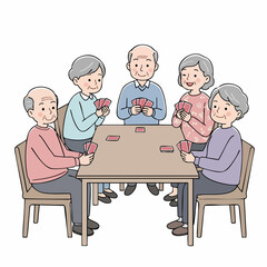Simple Line Art Happy Senior People Playing Card Game Together Illustration