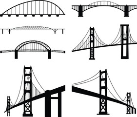 Bridge silhouette vector set, suspension, arch, truss, cantilever bridges, black icons, engineering structures, editable outline design, architectural elements, minimal style