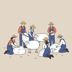 Flat Illustration People Shearing Sheep Wool Together with Tools Graphic