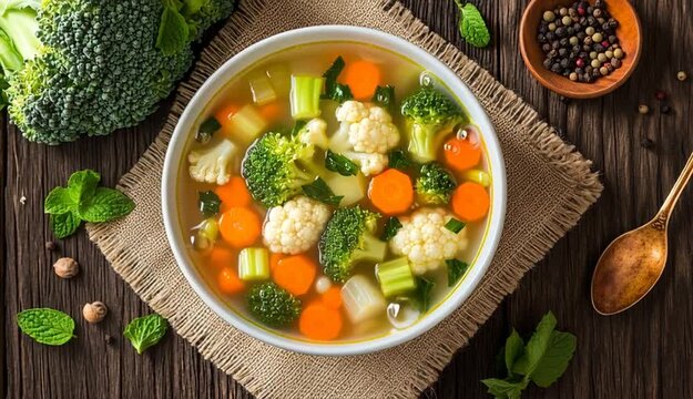 Fresh vegetable soup with broccoli florets, diced carrots, celery, cauliflower pieces in clear broth, served in white ceramic bowl on burlap placemat