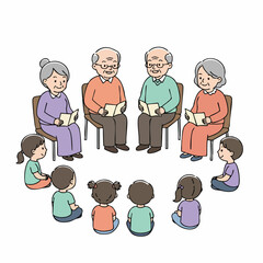 Simple Line Drawing Group of Elderly People with Children Illustration