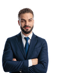 sexy mature businessman in navy blue suit crossing arms and looking away