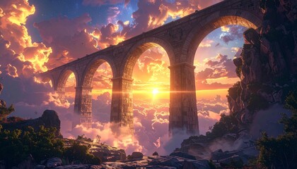 Monumental arches of stone floating in luminous skies, surreal architectural wonder as otherworldly DESIGN scene.