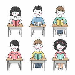 Cute Handdrawn Smiling Student Studying At Desk Illustration Set