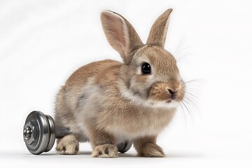 Obraz premium A bunny exercising with dumbbells standing on a white background