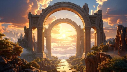 Monumental arches of stone floating in luminous skies, surreal architectural wonder as otherworldly DESIGN scene.
