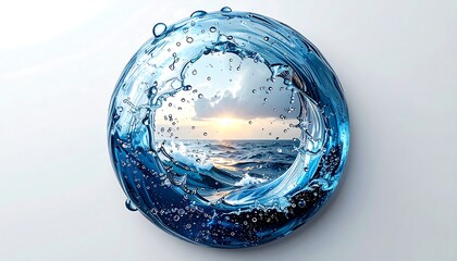 Circular water splash framing a seascape sunset