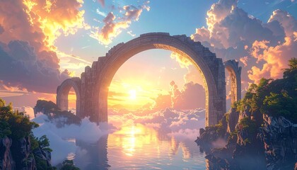 Monumental arches of stone floating in luminous skies, surreal architectural wonder as otherworldly DESIGN scene.