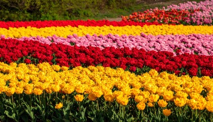Vibrant tulip field in rows