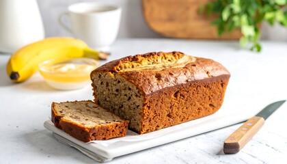 Delicious banana bread on a white cutting board