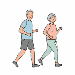 Simple Line Art Senior Couple Jogging Together Outdoor Lifestyle Illustration
