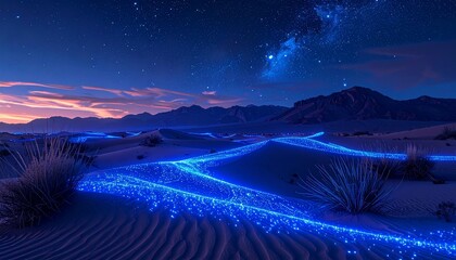
Endless desert shimmering with glowing dunes of blue light, surreal otherworldly DESIGN giving alien atmosphere. 