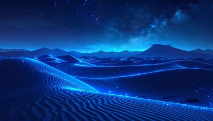 
Endless desert shimmering with glowing dunes of blue light, surreal otherworldly DESIGN giving alien atmosphere. 