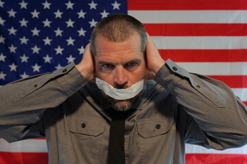 American Censorship Concept - Male Journalist or Politician - See no evil, Speak no evil, Hear no evil idea - Distracted Citizens