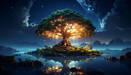 Massive glowing tree with roots spanning across floating islands, natural wonder forming otherworldly DESIGN concept.