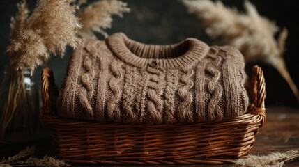 Obraz premium Blank brown sweater arranged on vintage wicker basket with dried pampas grass