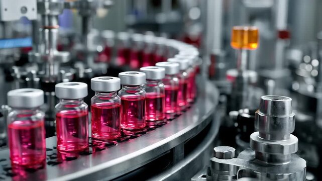 赤色薬液バイアル充填の自動生産工程ライン
