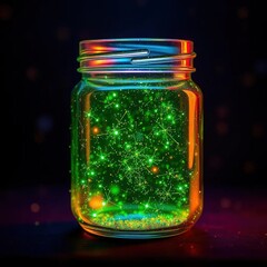 Magical glowing green glitter suspended in a clear glass jar with a dark background